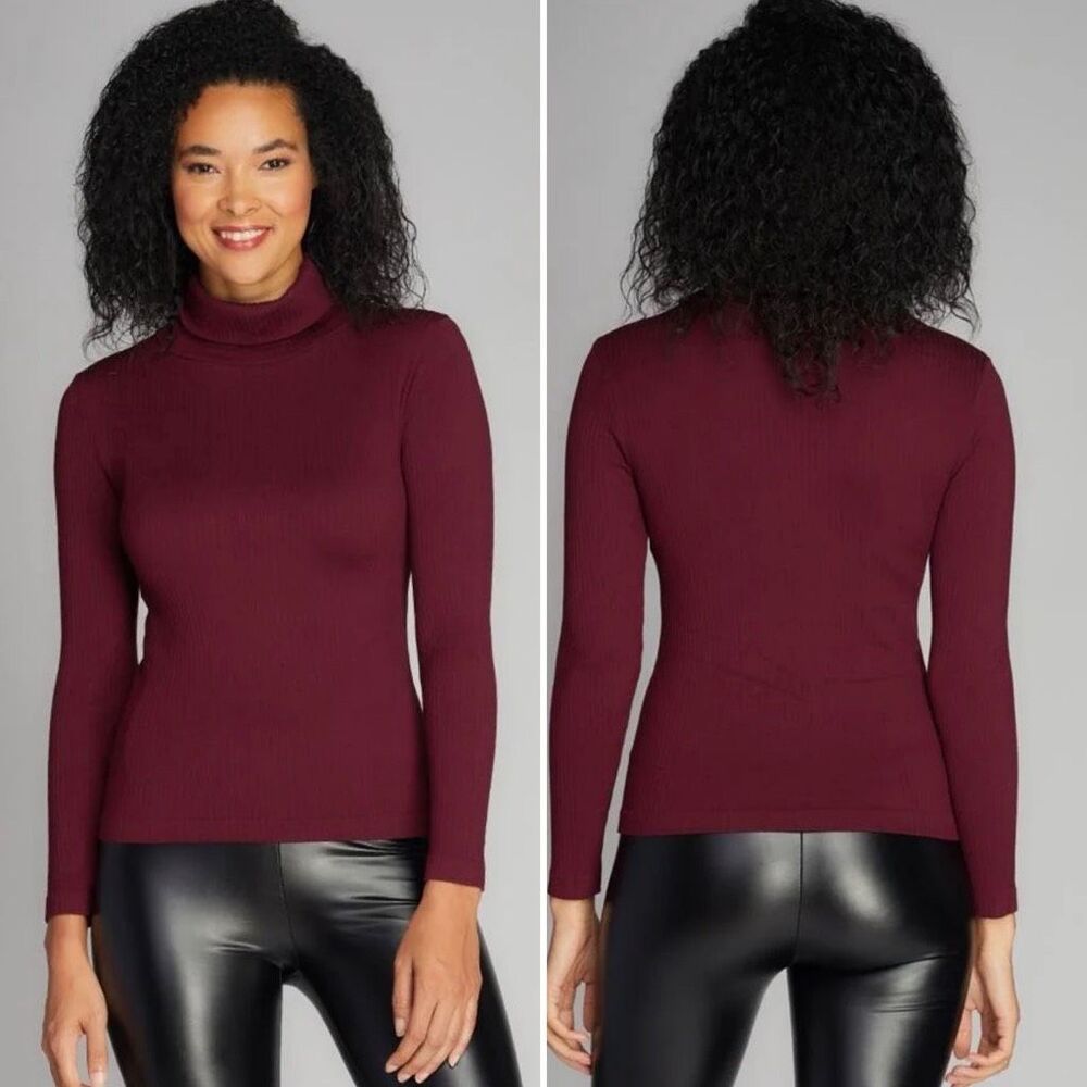 C’EST MOI Bordeaux Seamless Ribbed Long Sleeve Turtleneck Top-OS